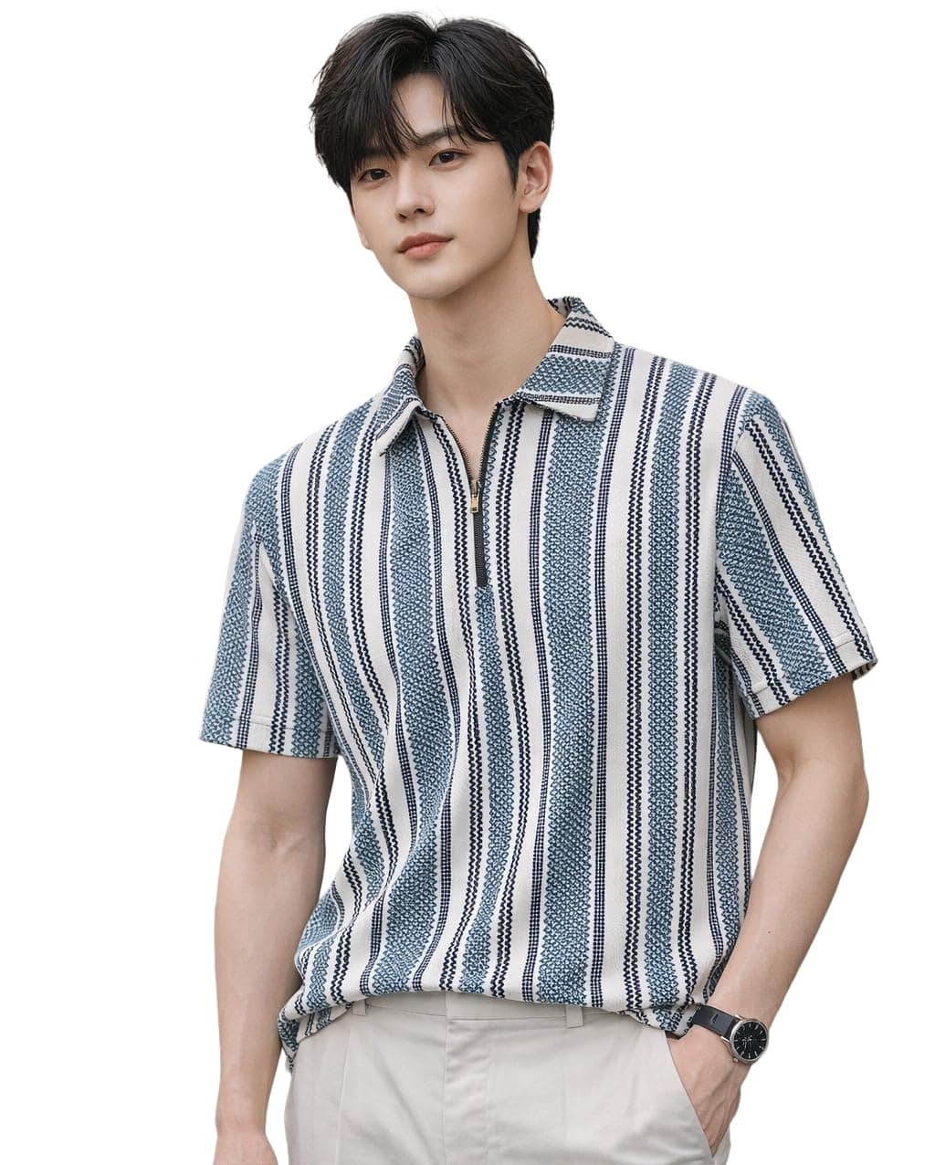 London Hills Men’s Loose Fit Half Sleeve Vertical Striped Polo T-Shirt with Zip Collar | Premium Polyester Fabric | T Shirt for Man | Tshirt | Shirts Men | Tshirt for Man | Men T-Shirts