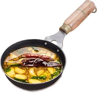 The Indus Valley Pre-Seasoned Iron Tadka Pan with Wooden Handle | Very Small 12.7cm/5 inch, 0.3Ltr, 0.4kg | Gas Compatible | 100% Pure & Toxin-Free, No Chemical Coating