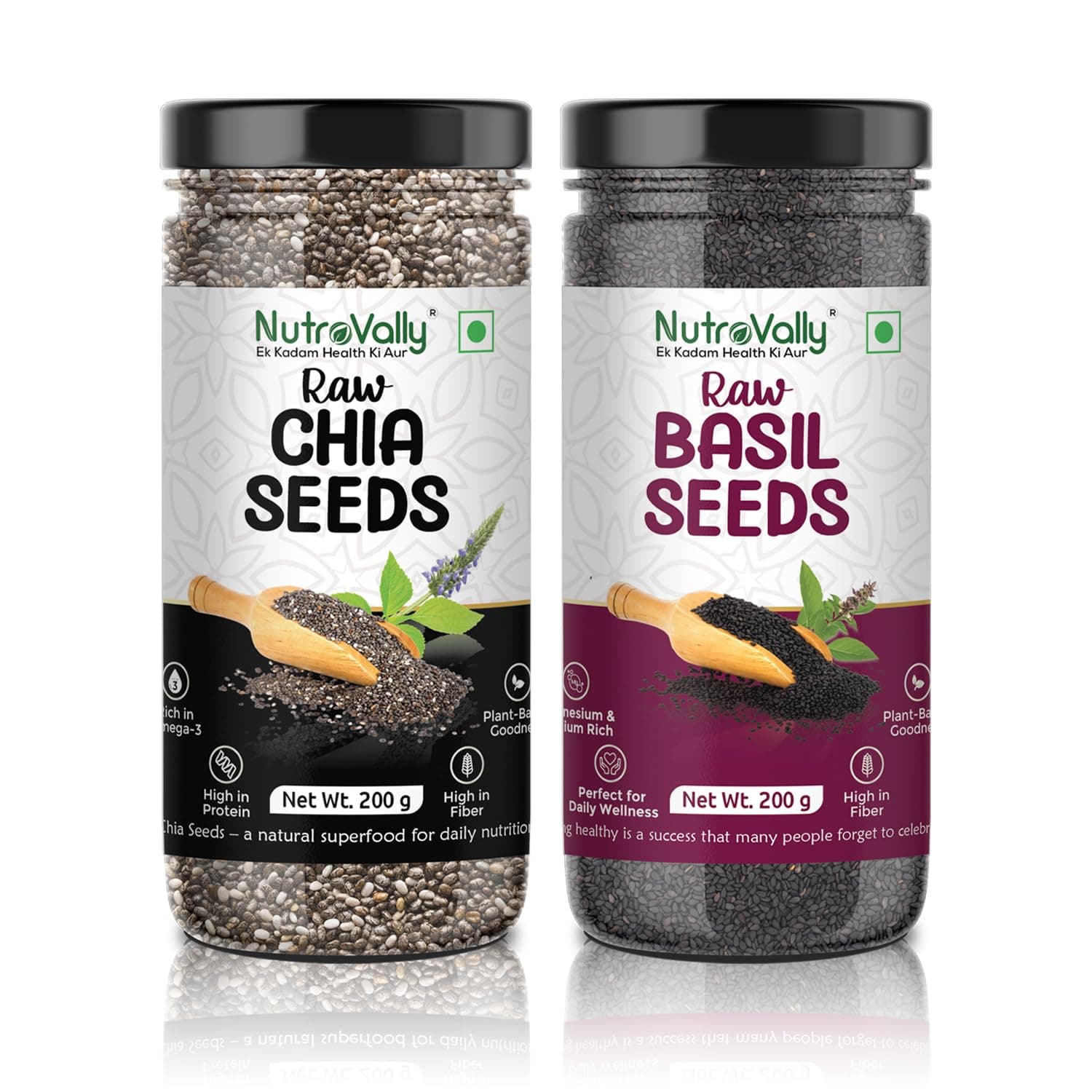 NutroVally Chia Seeds & Basil Seeds combo 400g|seeds combo pack (200g each)|High in Omega-3, Fiber & Protein| Chia seeds| Sabja seeds| combo pack |Supports Digestion, Hydration, Weight loss|Vegan