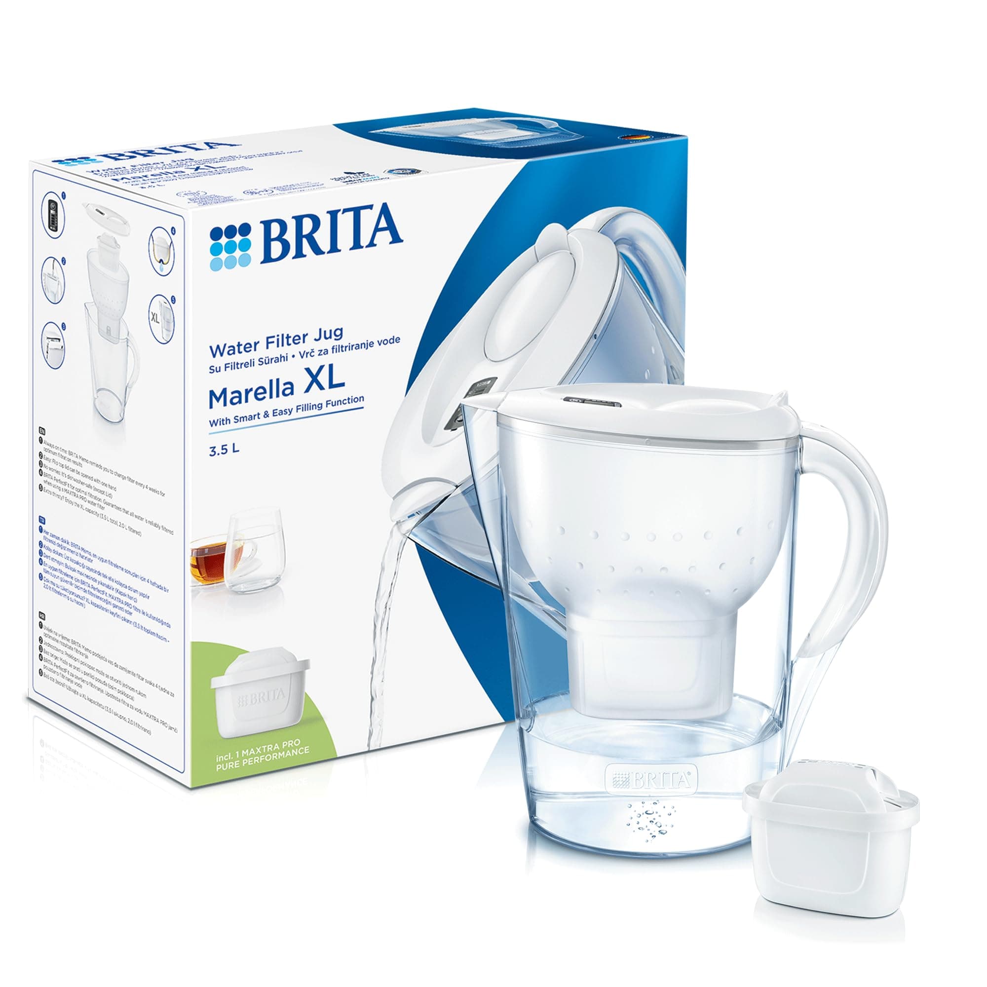 BRITA Marella XL 3.5L Water Filter Jug White | German Made Pitcher with Powerful Filtration with MicroFlow Technology | Activated Micro Carbon Pearls for Fresh, Great Tasting Drinking Water
