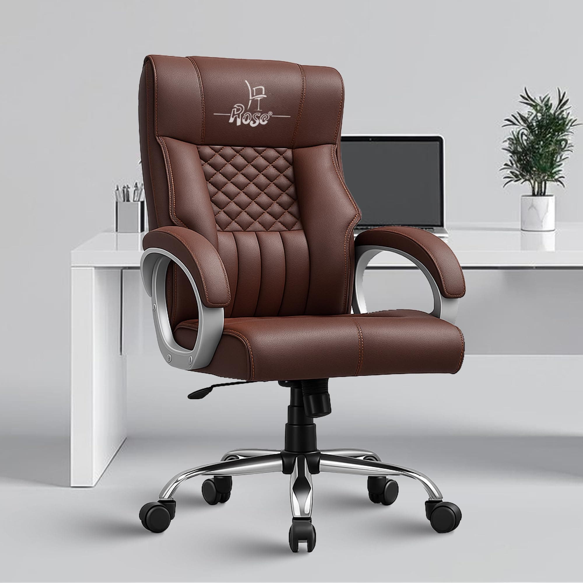 ROSE® Iran | 3-Year Brand Warranty | Comfortable High Back Leatherette Office Chair with Cushion & Armrest | Adjustable Boss Chair for Home Office, Swivel Revolving Professional Executive (Brown)