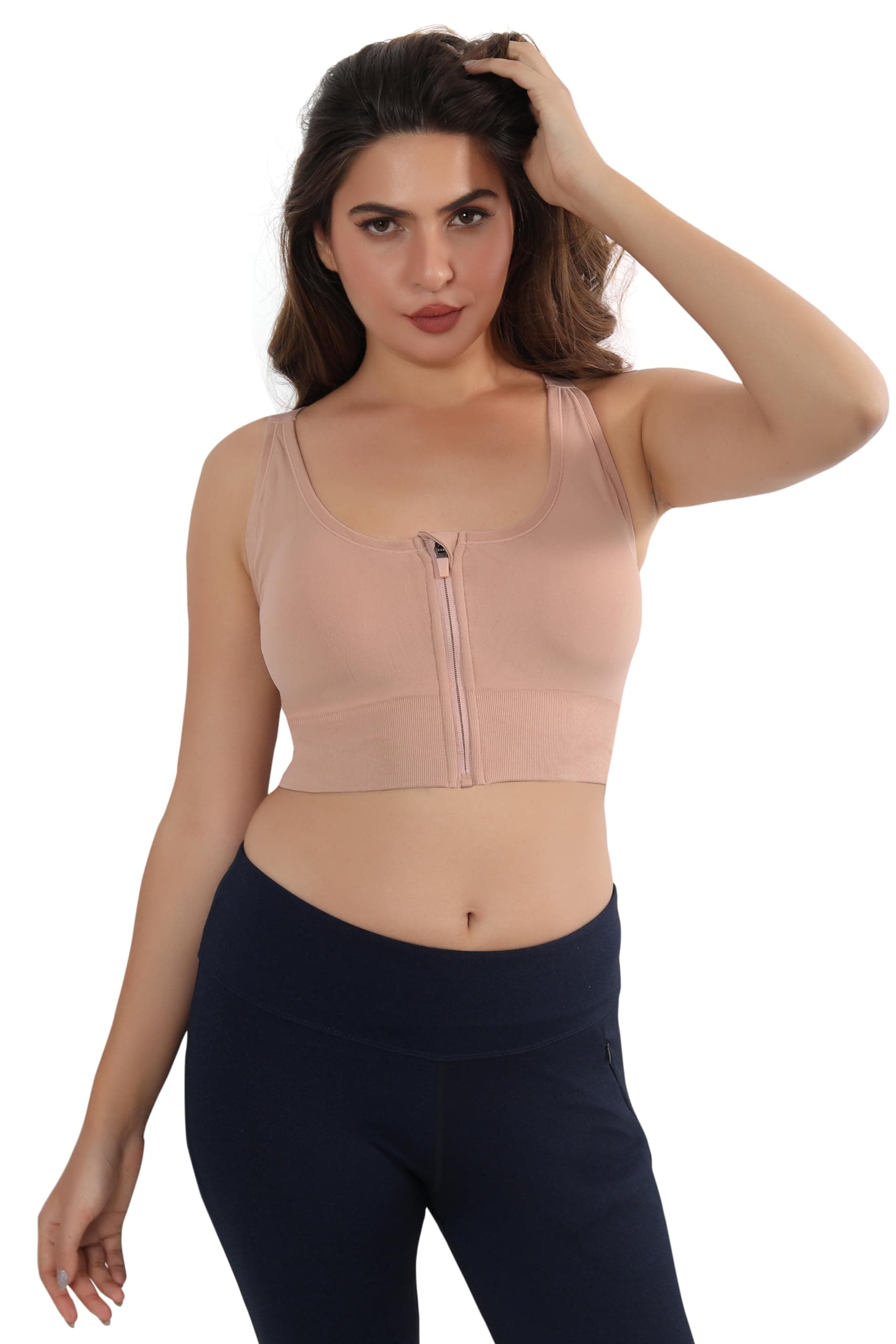 Fabluk Medium Impact Front Zip Longline Sports Bra with Removable Pads | Double Criss Cross Back Support