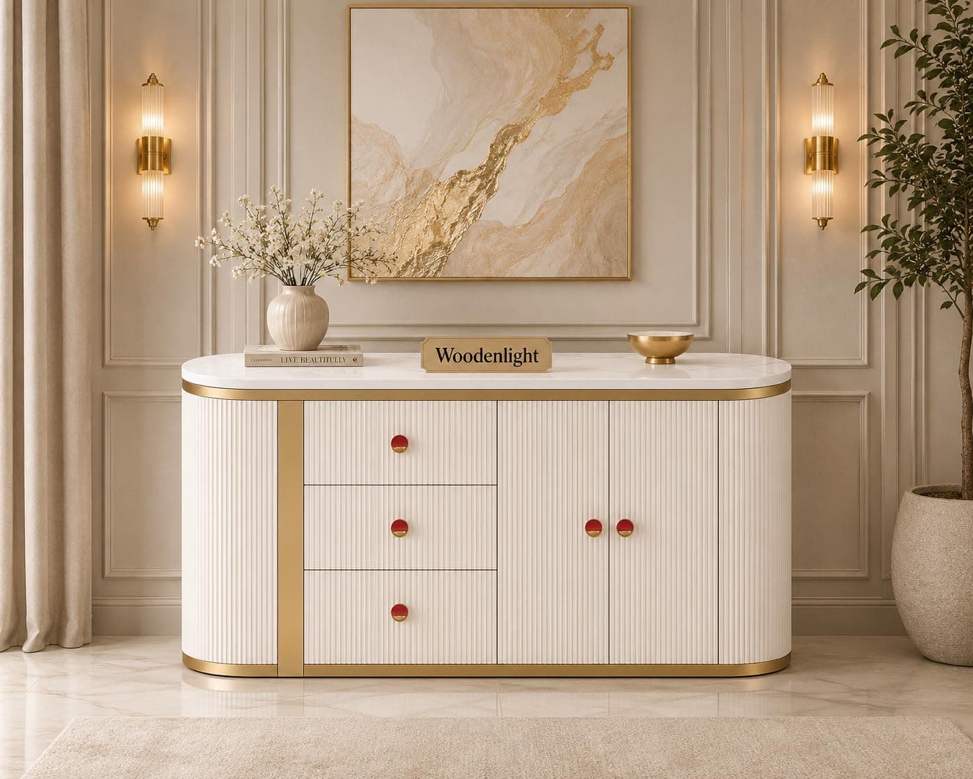 WOODEN LIGHT Modern Console Table with Marble Top & Gold Accents – White Ribbed Design 4-Door Storage Cabinet, Waterproof Plywood, PVD-Coated Legs, Elegant Entryway Furniture | Cream