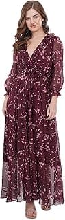 M Couture Wine Red Floral Printed Chiffon Maxi Dress, V-Neck Wrap Style with Long Sleeves, Evening Party Gown