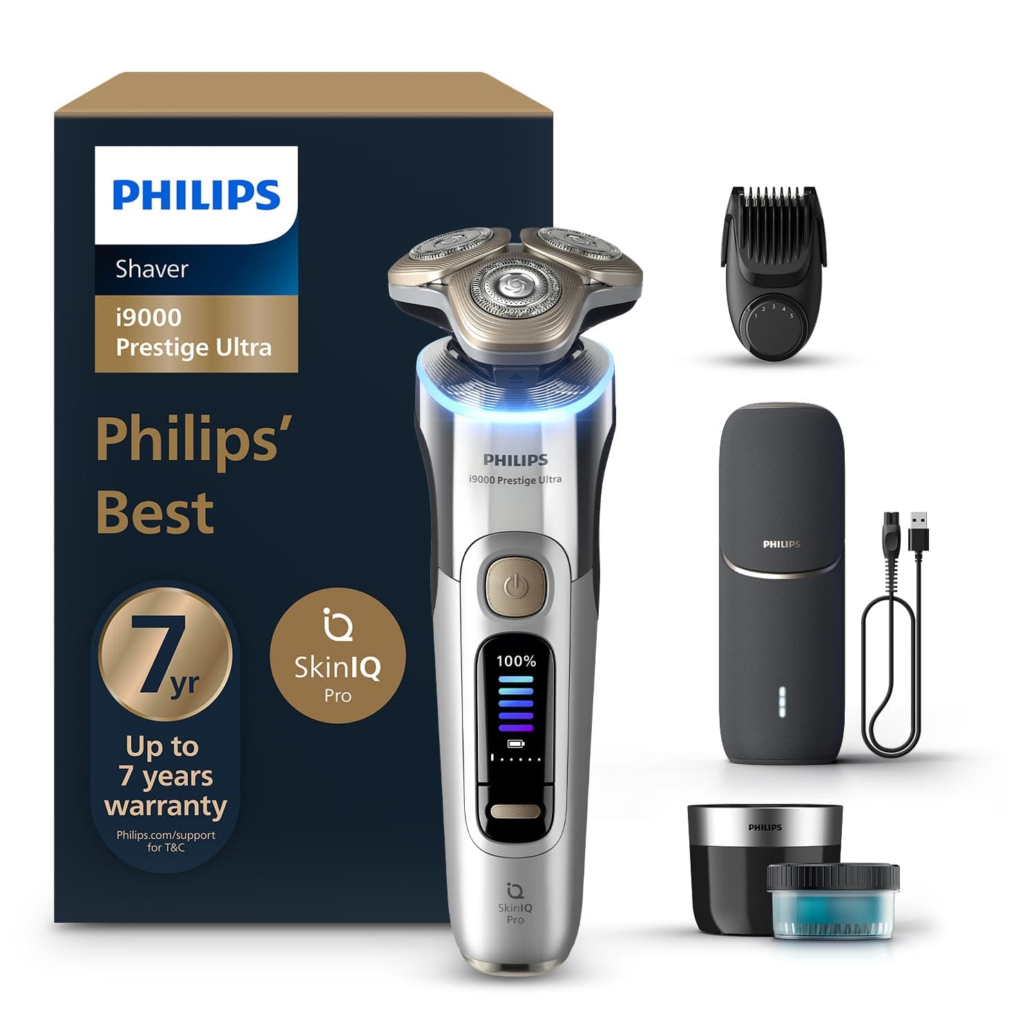 Philips World's No.1 Electric Shaver | Our Closest Shave Ever - 0.08 mm below Skin Level | Powered by AI | SkinIQ Pro Tech | UV Case - Kills 99.9% Bacteria | Quick Cleaning Pod | 5 Shaving Modes | Pressure & Motion Guidance | 7 Yr Warranty | XP9404/46