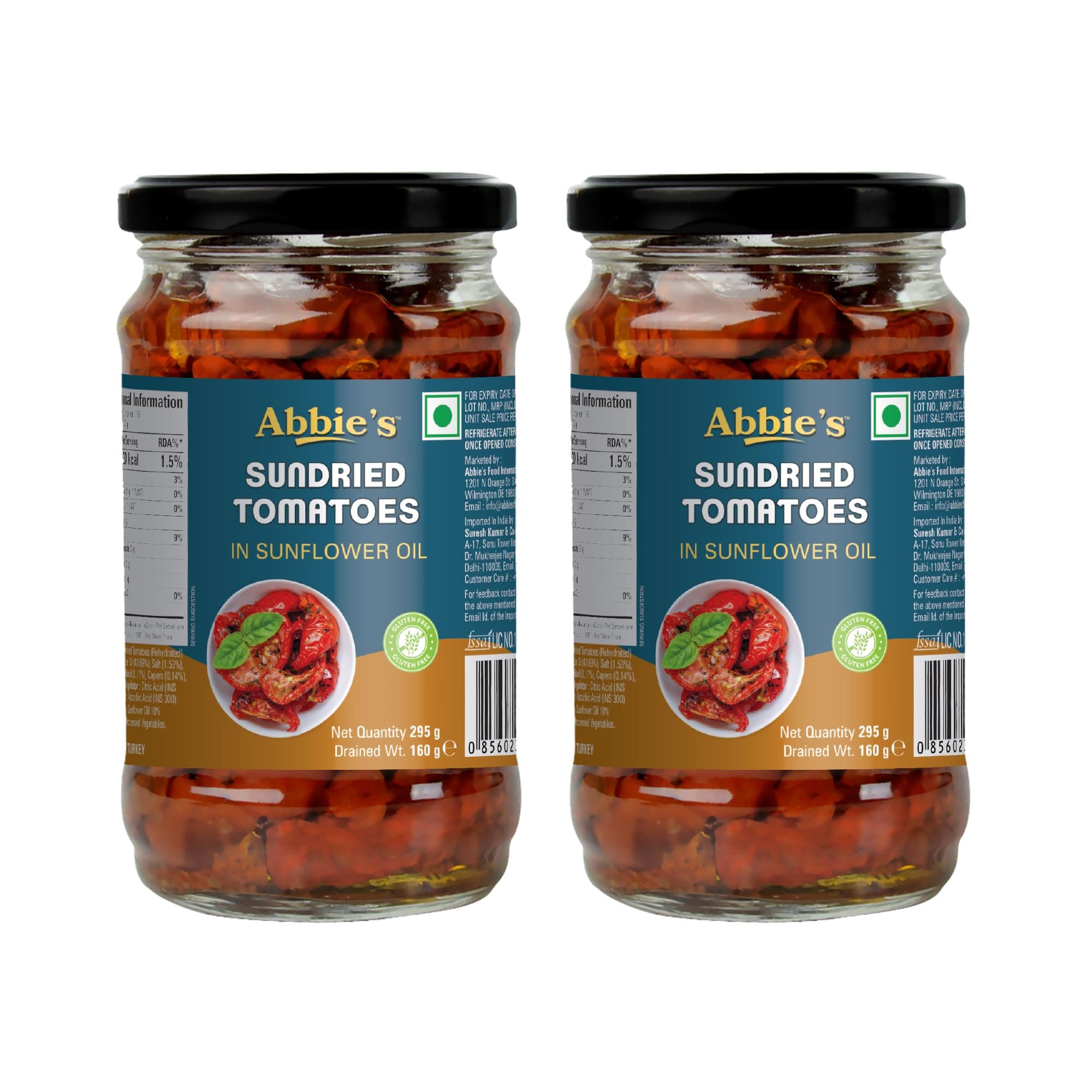Abbie's Sundried Tomatoes 590 g (295 g X 2 Units) (Set of 2) , With Protein (2.9 g) Authentic Italian Taste | Ready To Eat and Perfect For Toppings In Pasta , Pizza , Sandwich , Burger etc.| No Added Preservatives