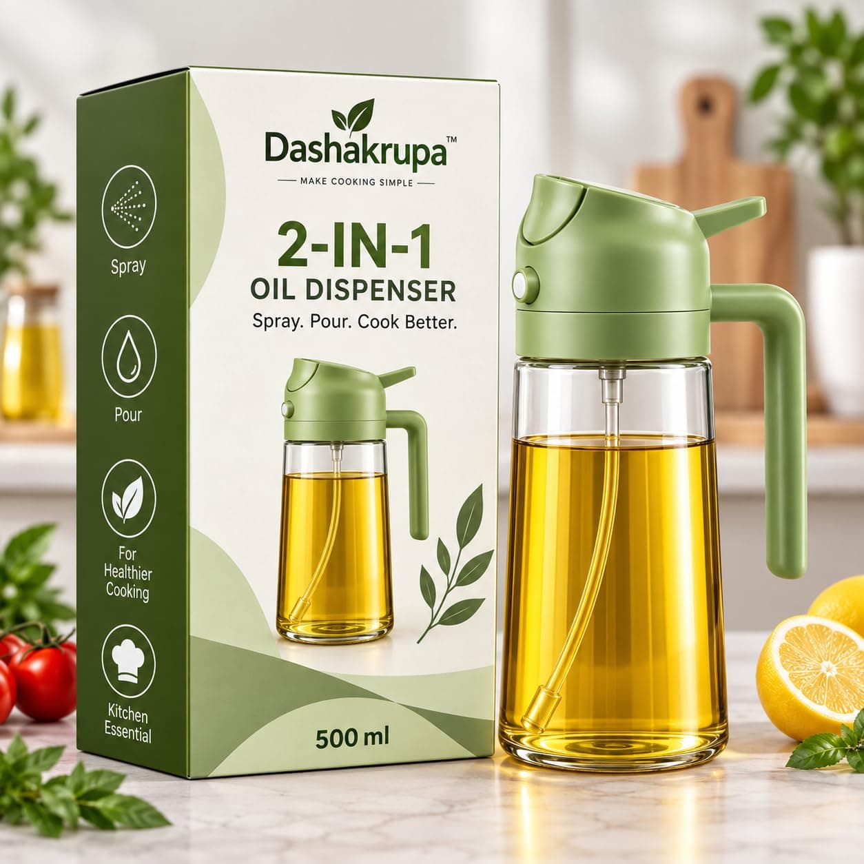 Dashakrupa 2-in-1 Oil Sprayer & Dispenser Bottle 500 ml, Hard Plastic Cooking Oil Spray Bottle with Spray Nozzle, Refillable Mister for Air Fryer, BBQ, Salad, Roasting & Kitchen Use