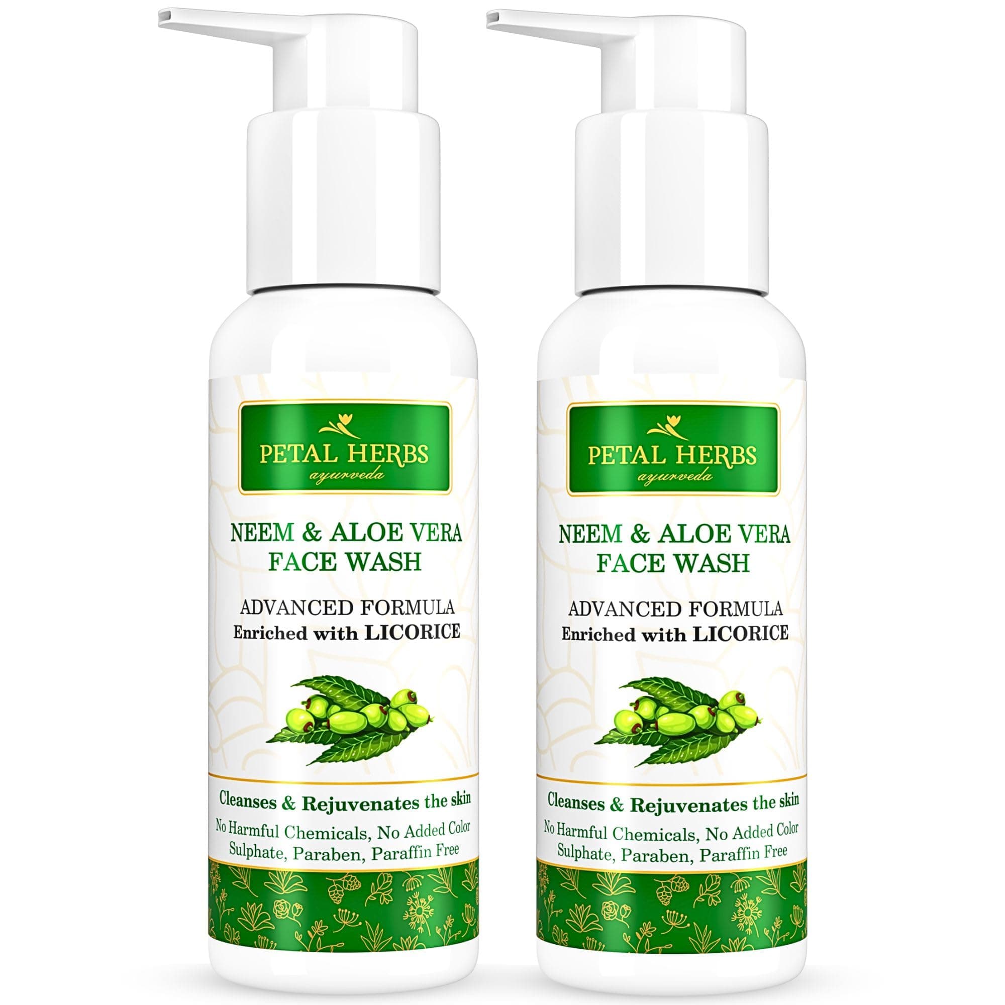 Petal Herbs Ayurveda Neem Face Wash for Acne & Pimple Control | Helps Reduce Dark Spots, Tan & Blemishes | Herbal Cleanser with Mulethi & Vit-E | No Sulphate No Paraben – Pack of 2 x 90ml