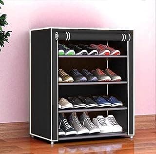 SANSIM Multipurpose 4-Tiers Shoe Rack with Dustproof Zip Cover, Multiuse Wide Space Storage Rack Made by Non Woven Fabric for Footwear, Toys, Clothes (4 Shelves) (Black), Plastic Non Woven