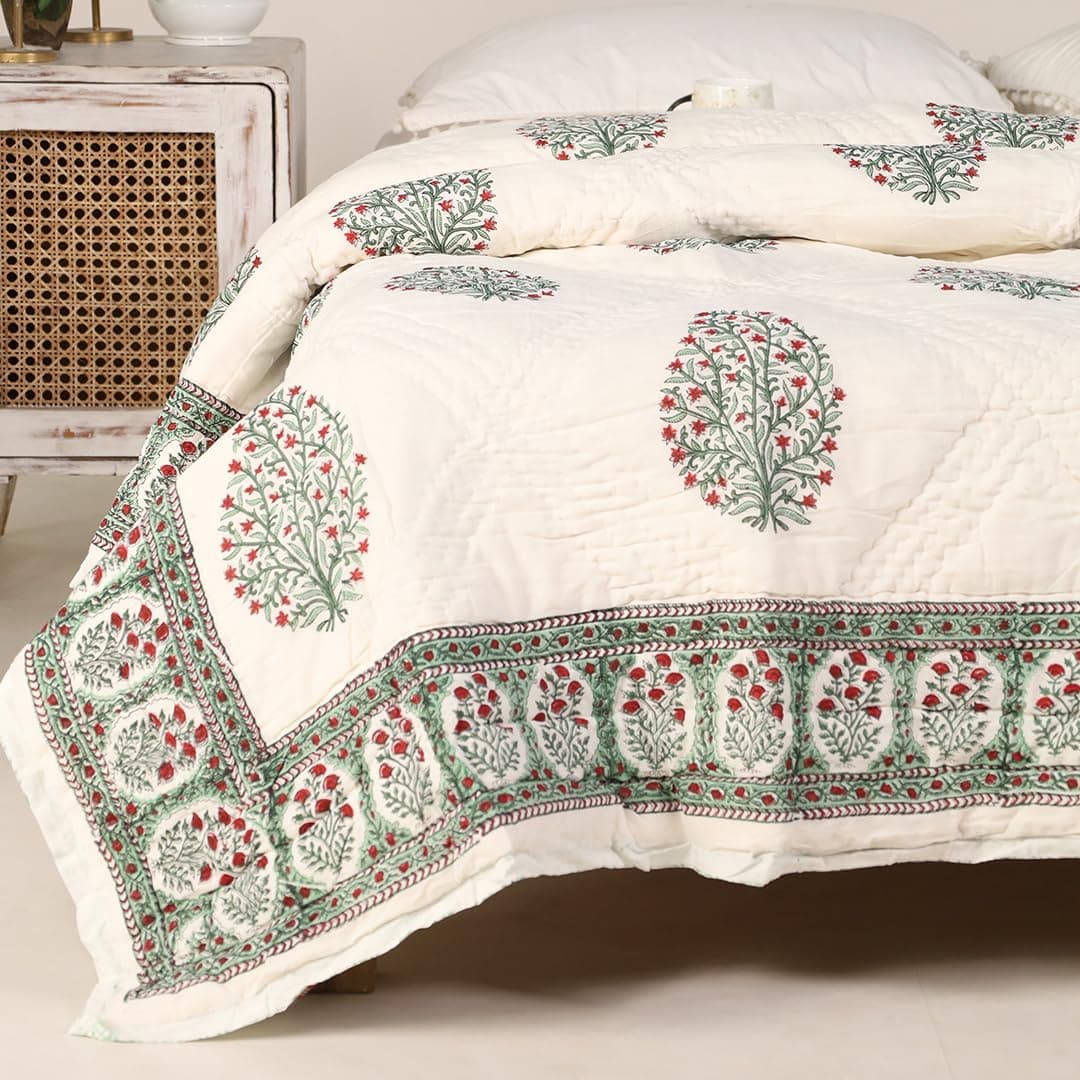 Peepul Tree Single Bed Cotton Malmal Quilt/Dohar | Hand Block Jaipuri Razai | Beautiful Floral Soft, Breathable & Reversible AC Blanket | Made in India (White & Green, 60x90inches)