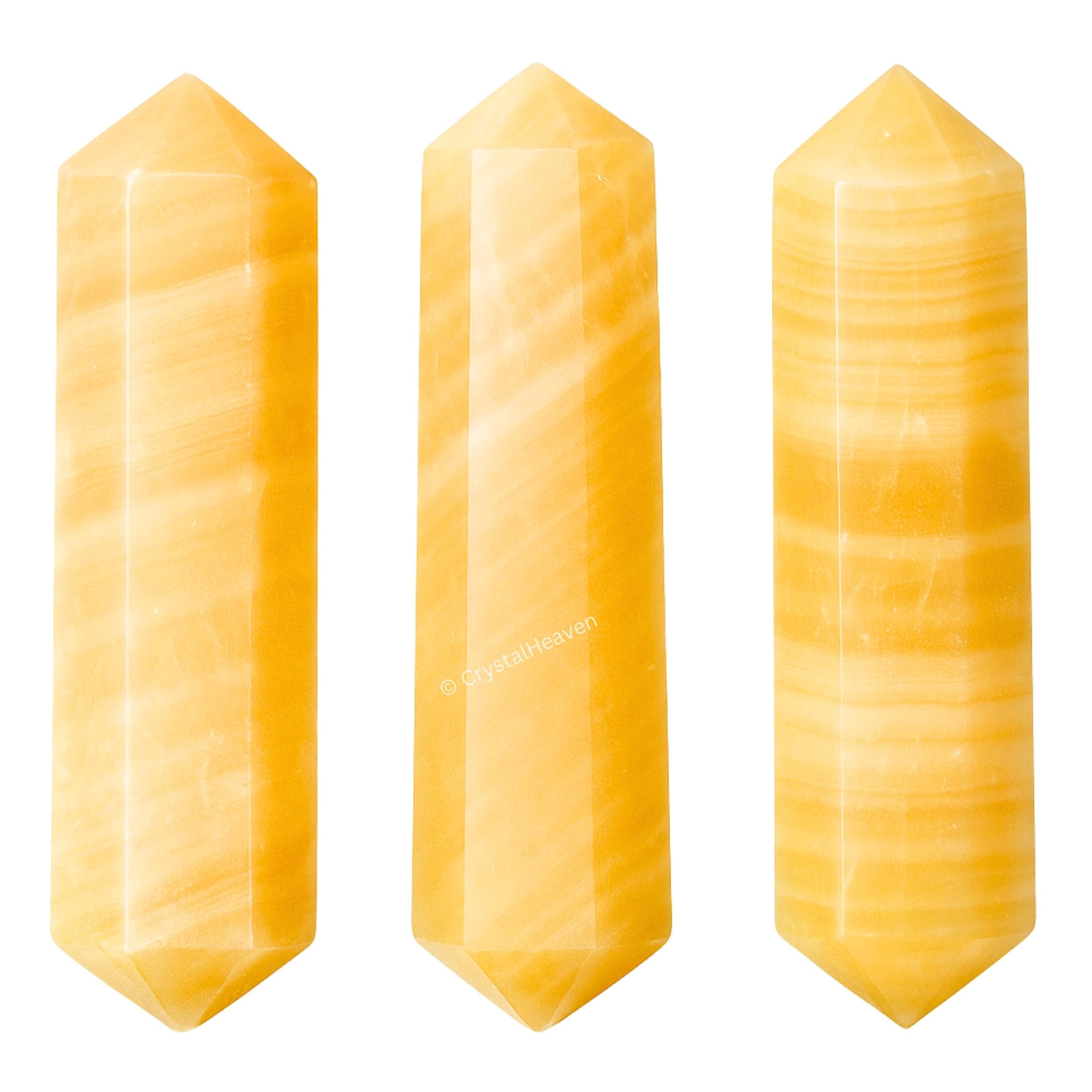 Yellow Calcite Crystal Pencil Points Set of 3, Certified Original Healing Crystals for Grid - Healing Stones Metaphysical Tool for Meditation, Chakra Balancing - Crystal Gifts (Double Terminated)