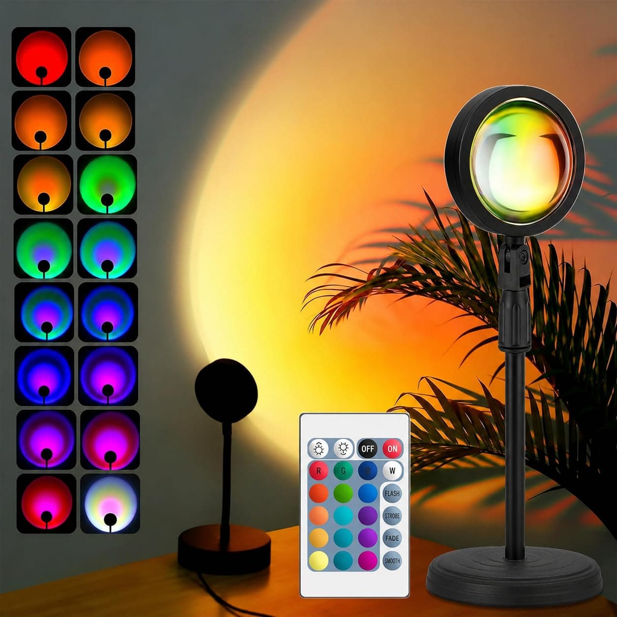 NAIRO 16-Color Sunset Projection Lamp, Multicolor | Remote Control, 360° Rotating, Romantic LED Night Light, For Bedroom, Photography, Party & Home Decor
