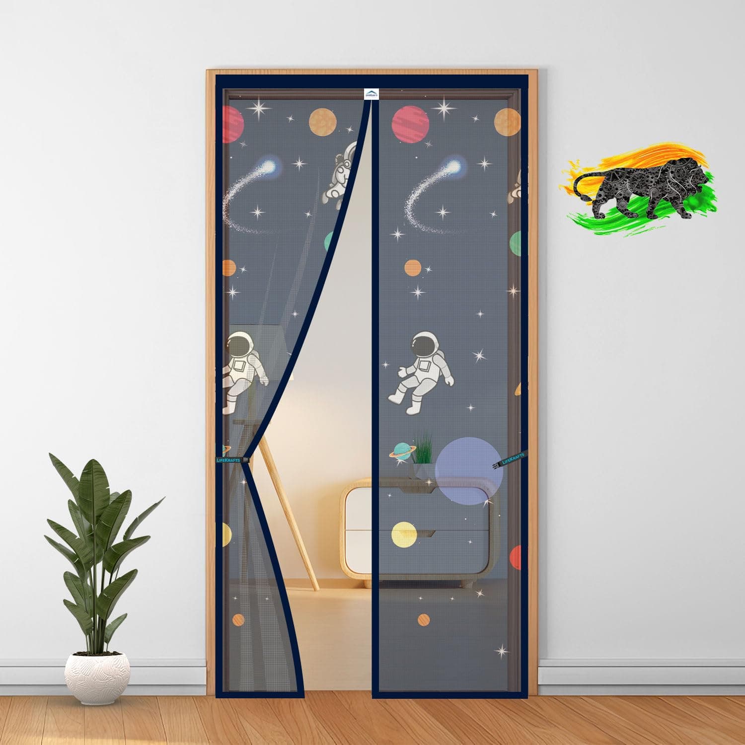 LifeKrafts Polyester Door Mosquito Net with Magnets | Color Planet Theme with Dark Blue Background | Mosquito Curtain for All Door Types and Sizes | Auto Close Insect Screen | Size 190 * 80cm