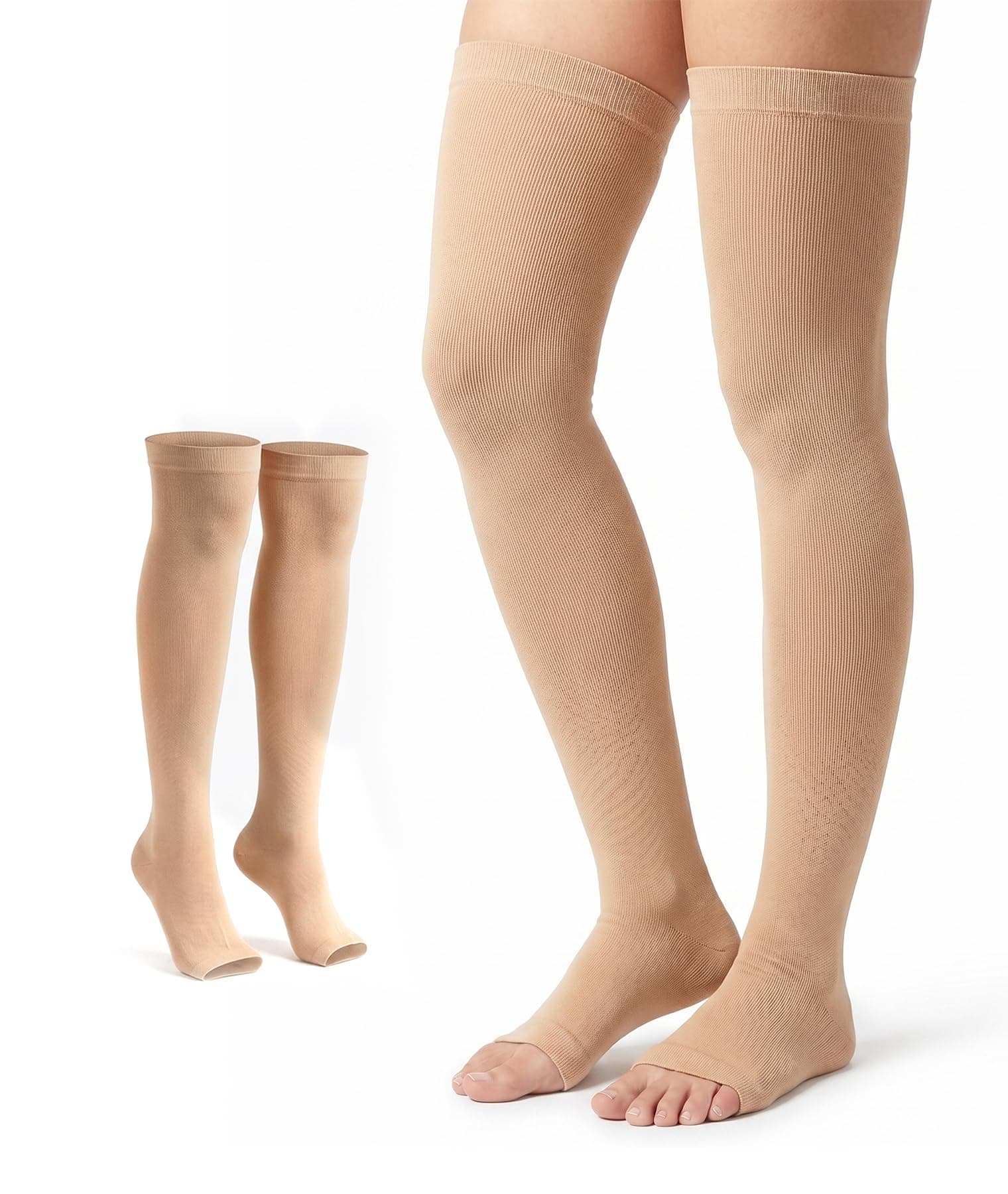 Thigh Length Compression Cotton Stockings for Women & Men, Class 2 (20-30 mmHg) Medical Support for Varicose Veins, Edema, Swelling, Blood Circulation & Recovery, Open Toe, Odour Free, Grip Fit