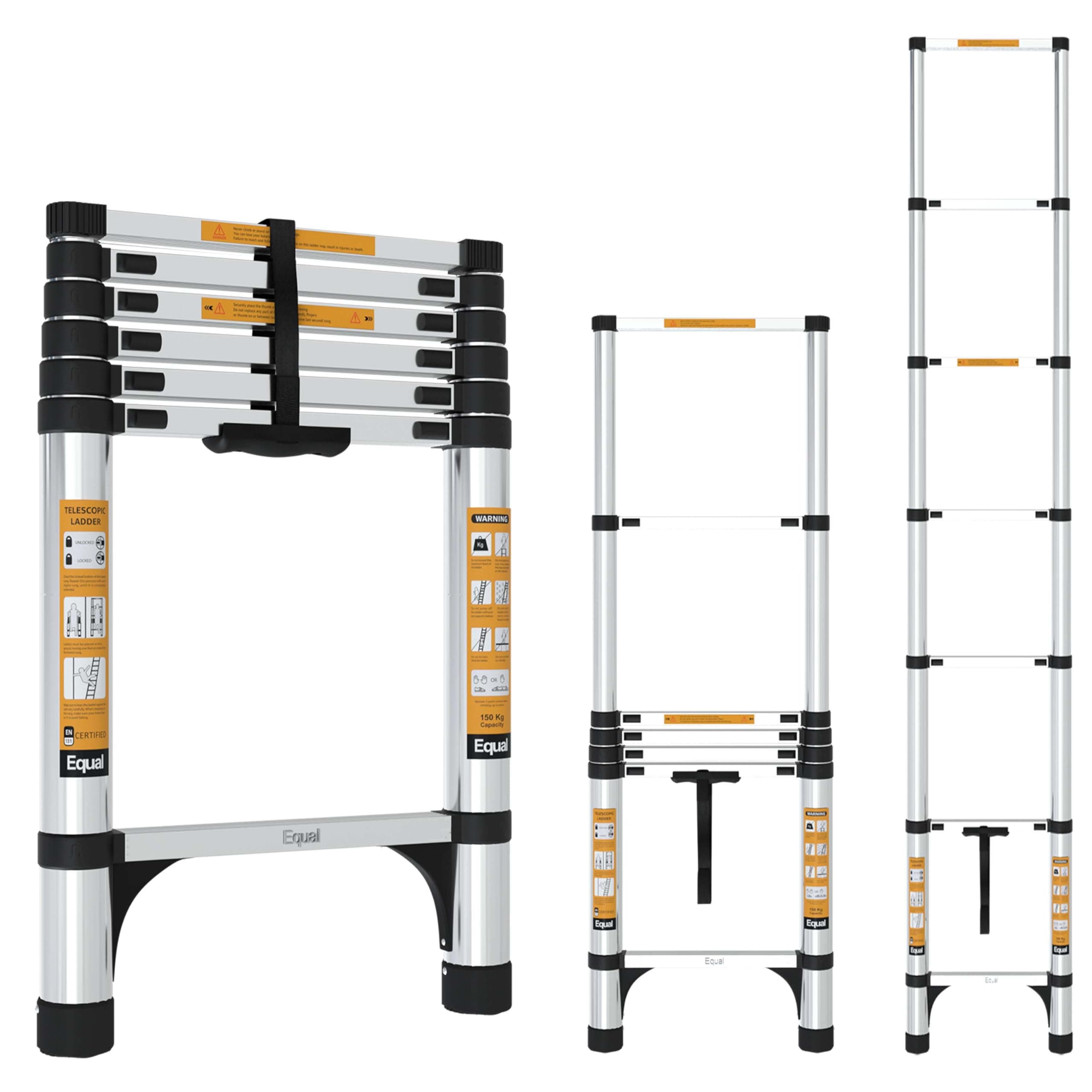 Equal 6.5 FT Portable & Compact Foldable Aluminium Telescopic Ladder | 2 Triangle Stabilizers | EN131 Certified | 2-Year Warranty | 150kg | Collapsible Ladder for Home & Kitchen Use (2m / 7 Steps)