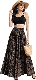Printed Flared Palazzo Skirt, Black, Bohemian Paisley Print, Smocked High Waist, Maxi Length