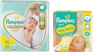 Pampers Premium Care Pants, New Born, Extra Small size baby diapers (NB,XS), 70 count & Active Baby Diapers, New Born, Extra Small, (NB, XS) size, 24 Count, Taped style diaper