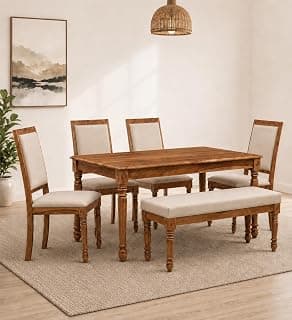 Solid Sheesham Wood 6 Seater Dining Table Set with 4 Cushioned Chairs & Bench | Modern Wooden Dining Furniture for Home, Kitchen & Dining Room | Honey Finish