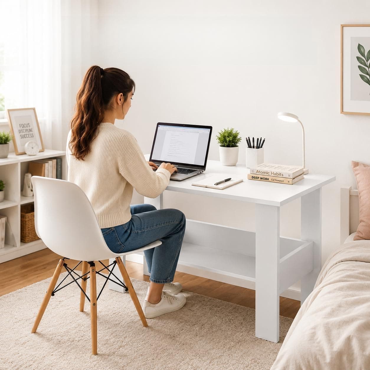 FURLAY Sleek Computer Study Desk, Space Saving Writing Table with Lower Open Shelf Storage, Engineered Wood Laptop Table for Student Room, Bedroom, Office & Work from Home, 90x50x77 cm (006-White)