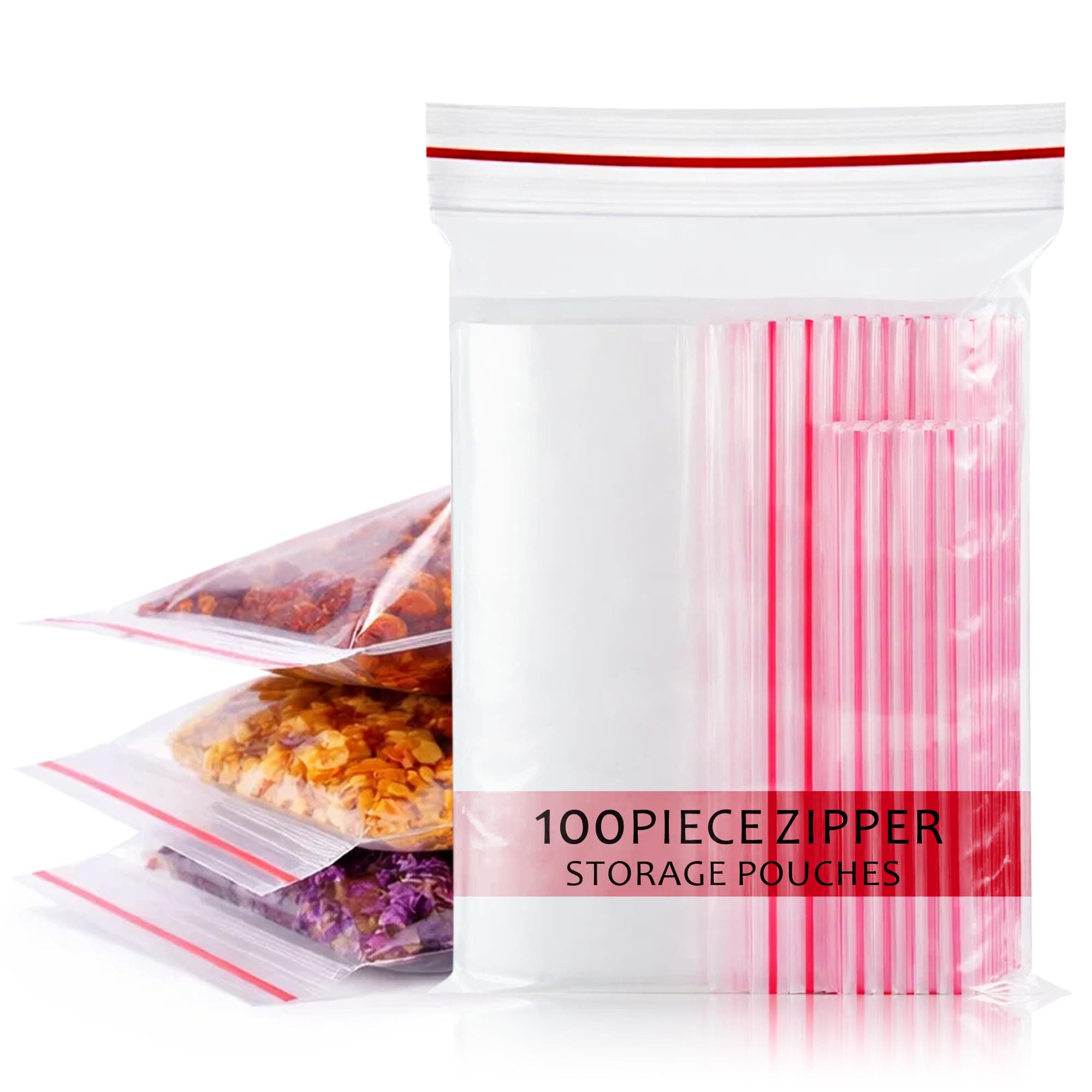 GLUN® Zip Lock Pouch Reusable Transparent Plastic Bags, Strong Zip Lock Storage Pouches and Durable Side Press Seal Pack of 100 PCS