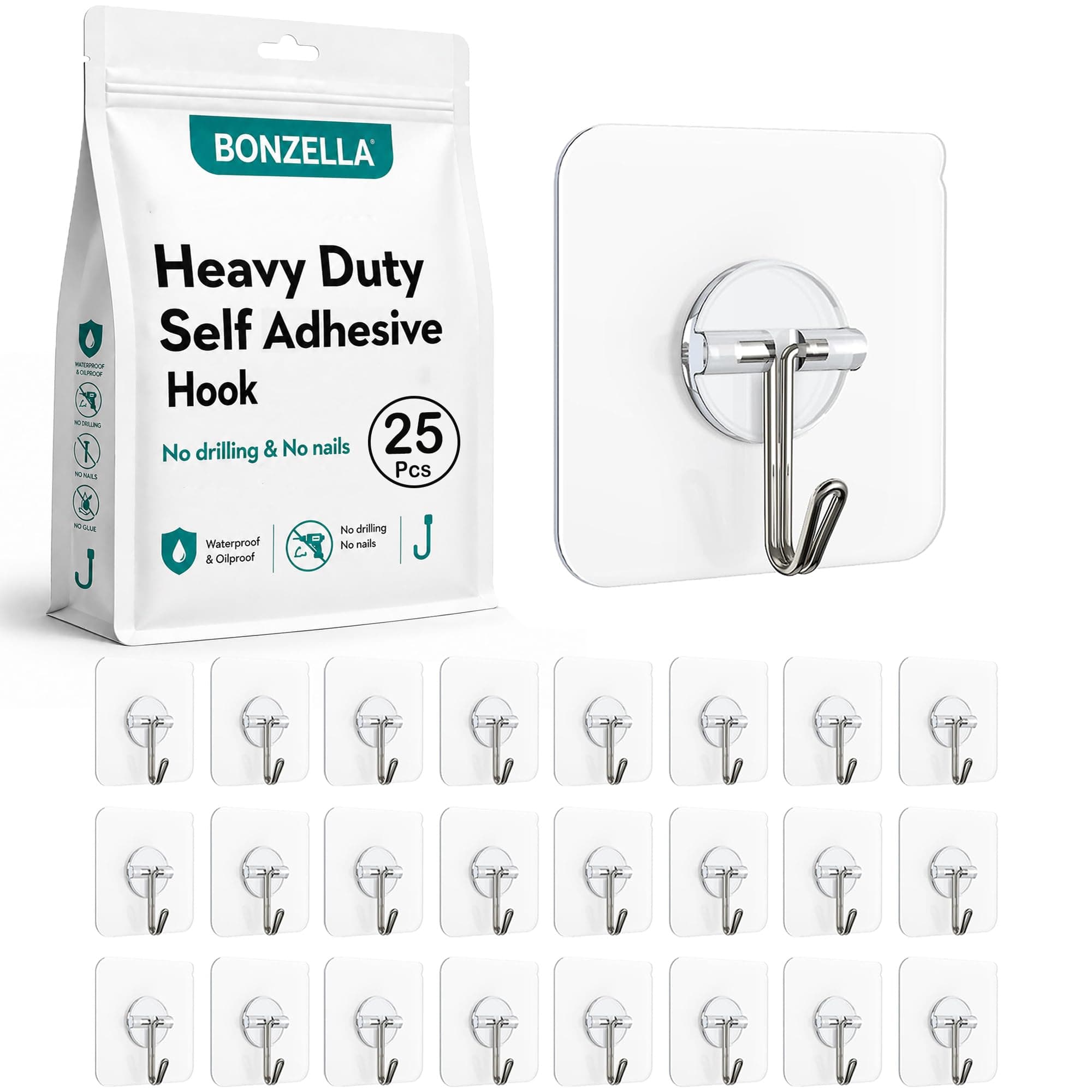 BONZELLA 25 Pcs Heavy Duty Self Adhesive Wall Hooks for Hanging, Stainless Steel Wall Hooks Sticker for Kitchen Bathroom & Home Use, Transparent Nail Free Sticky Wall Hook Without Drilling (25)