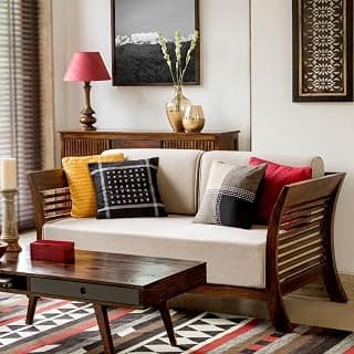 Wooden 3 Seater Sofa Set for Living Room and Office (Cream Colour Cushion,Teak Finish) 3-Person Sofa (Design 1)