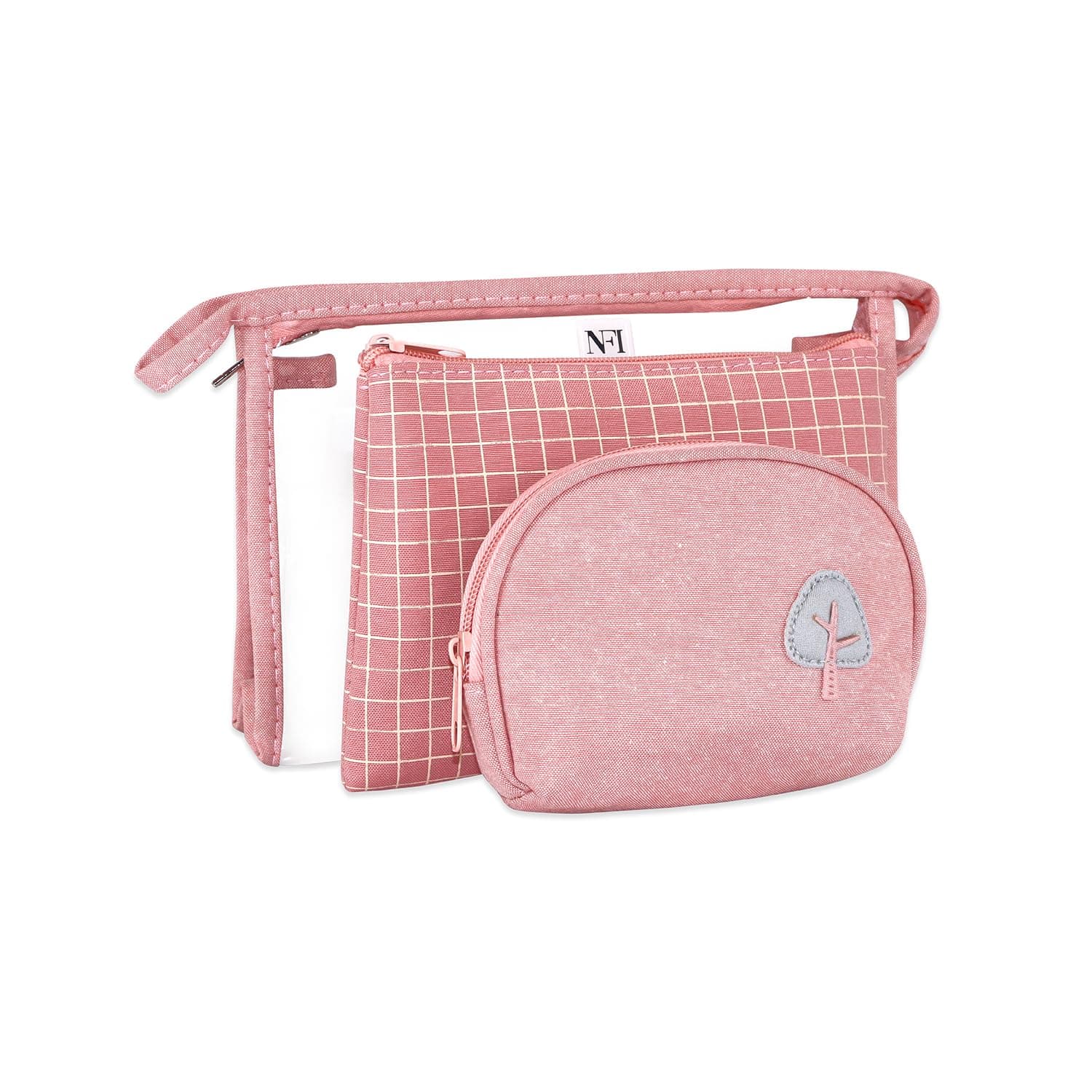 NFI essentials Canvas Set of 3 Cosmetic Pouch Makeup Pouch Vanity Pouch Travel Organizer Toiletry Pouch for Women Zippered Pouch Set, Large, Medium, Small Makeup Bag