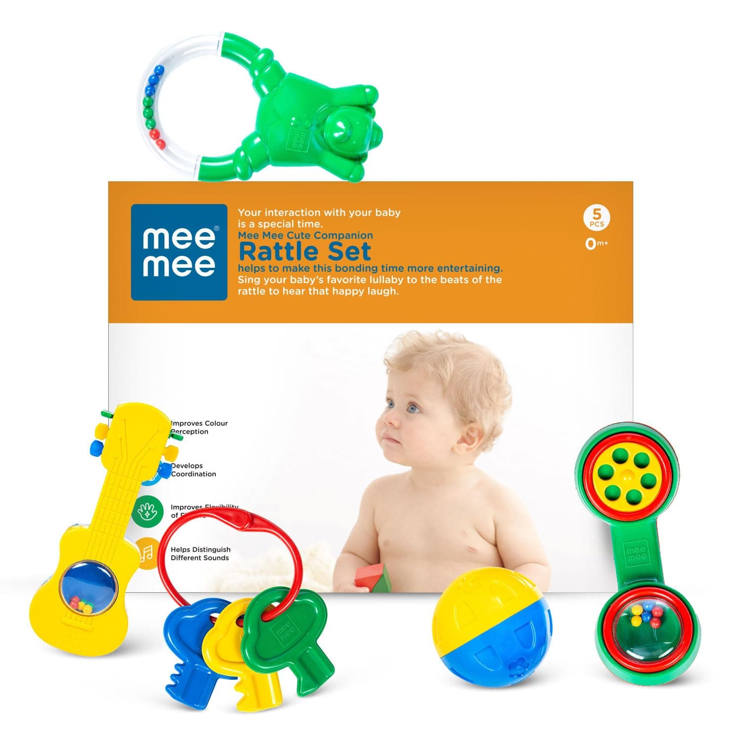 Mee Mee BPA Free Baby Rattles Set, Rattle Gift Set, Made of Food Grade Plastic, Grab Rattles and Soothing Teethers for Babies & Infants, Early Age Toys for Kids, Girls & Boys (Pack of 5, Multicolor)