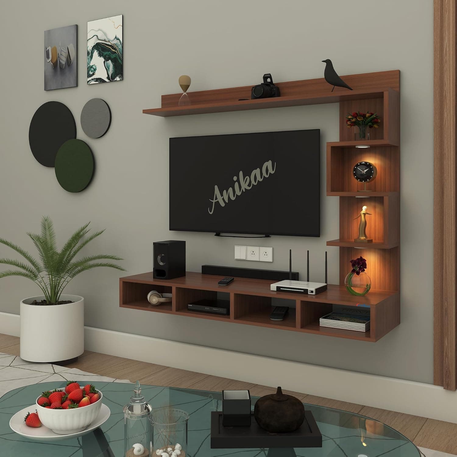 Anikaa Kasey LED Light Wall Mount TV Unit Engineered Wood TV Cabinet Wall TV Stand for Living Room- (Walnut) (Ideal for 55 Inch)(D.I.Y)