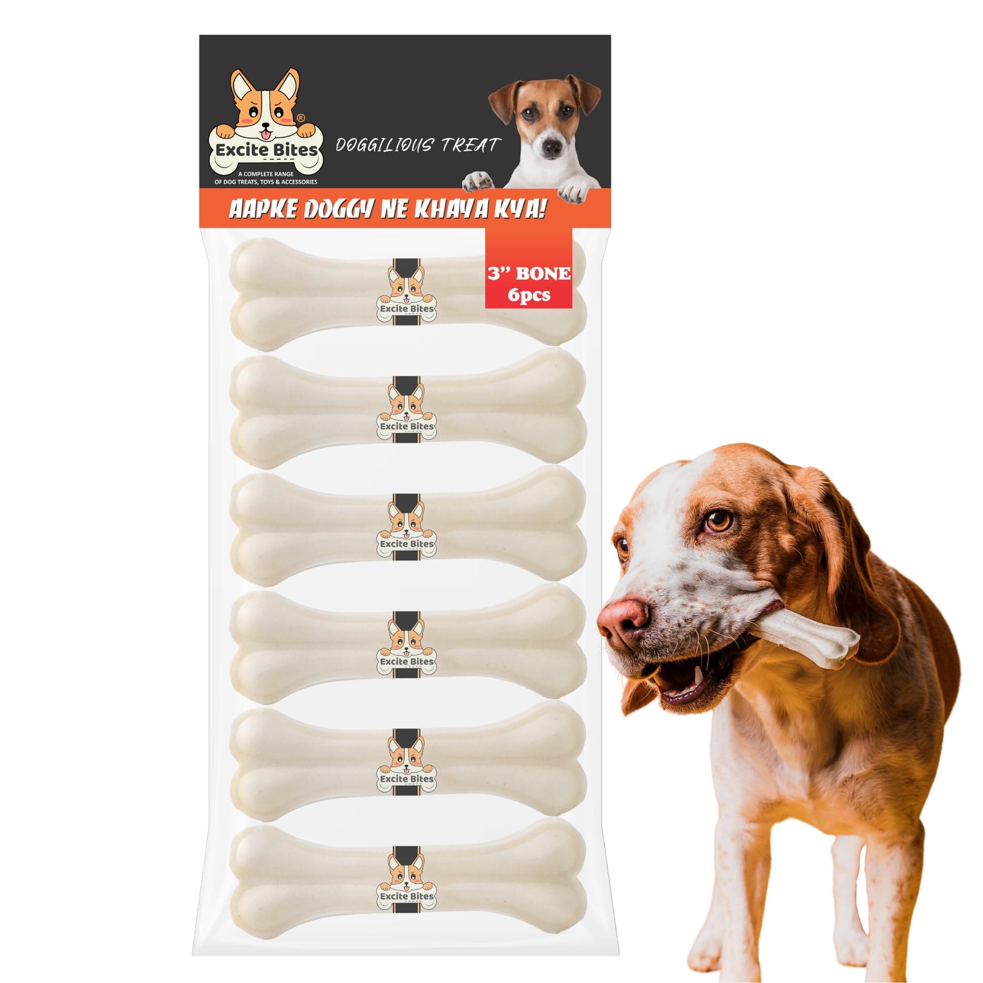 Excite Bites Calcium Bones for Dogs Adult | Calcium Dog Chew Bones for Puppies & Adult Dogs | Long-Lasting Treats & Chew Bones | Dog Snacks & Rawhide Bone Chews (3") (6 Pcs)