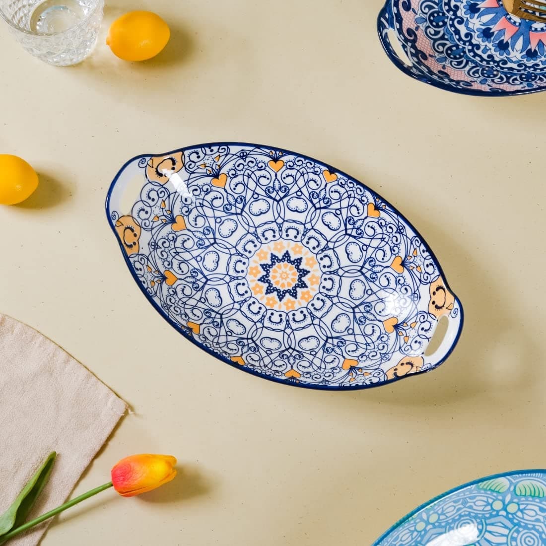 Nestasia Dark Blue Mandala Ceramic Long Dish with Handles for Serving Snacks, Appetizers, Salads, and Noodles| Microwave Safe, Dishwasher Safe (10.8 Inch)