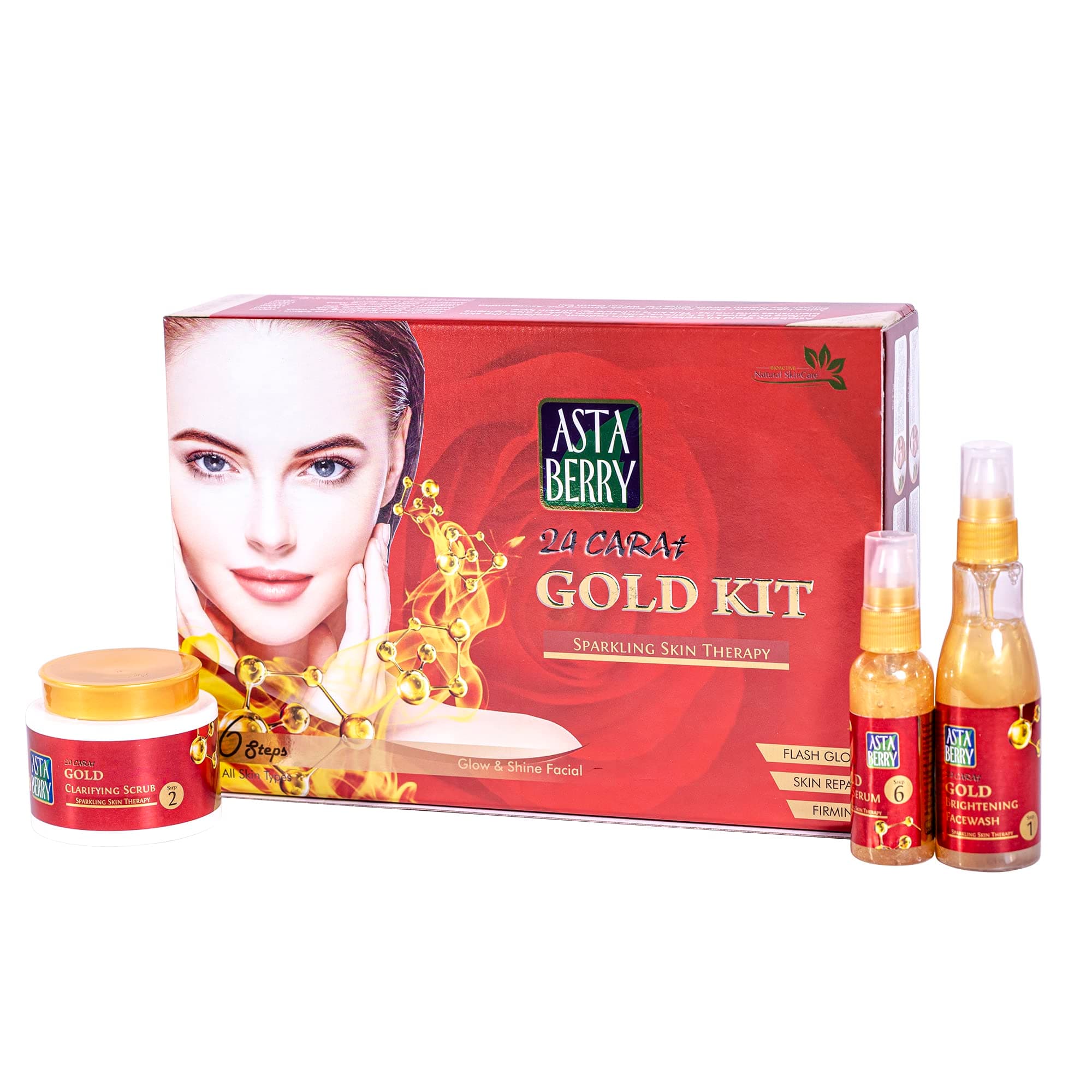 Astaberry Gold Facial Kit 6 Steps - Sparkling Skin Therapy Glow Shine For Women | Skin Repair | Flash Glow & silky smooth look | Lightens Blemishes & Marks
