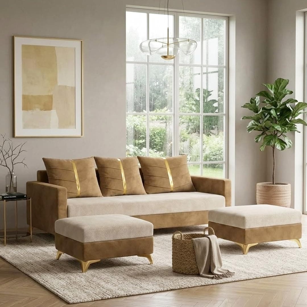 PLUSHMATE Caviar 5 Seater L Shape Sofa Set with 2 Movable Ottomans | Flexible Layout | Luxury Velvet Suede Fabric | Modern Living Room Sofa | Cream-Beige