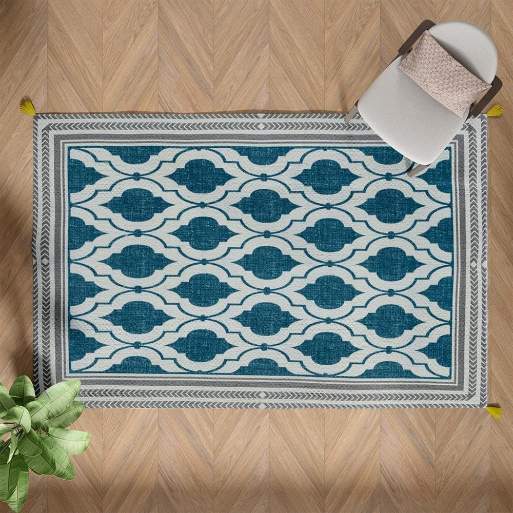 Handmade Printed Dhurrie | Carpet Rug Runner Floor Mat for Living Room, Bedroom| Perfect for High-Traffic Areas | Soft, Easy-Care, and Stylish Tassels | Polyester | Rectangle Meher 2x3 Feet, Blue