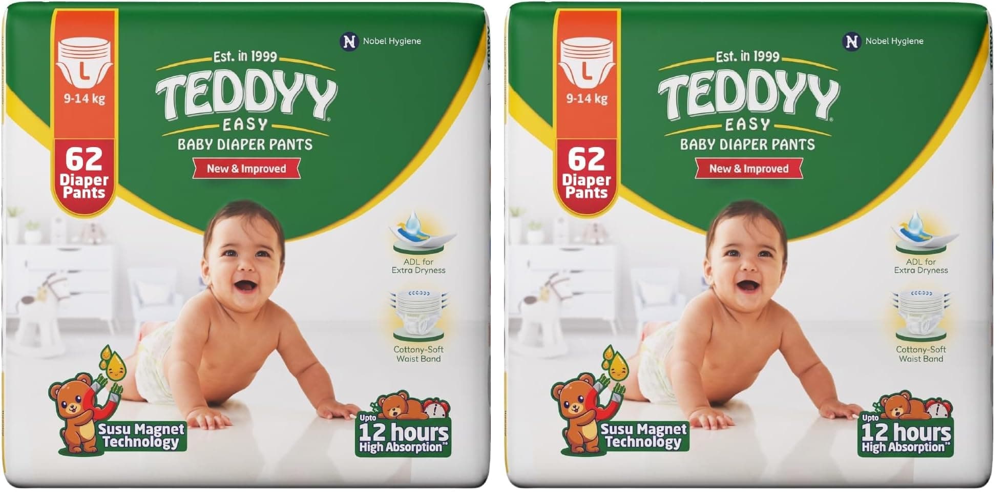 TEDDYY Easy Baby L Size Diaper Pant Style | 62 Count (Large) | 9–14 kg (Pack of 2) | Long Protection Hours | Anti-Bacterial | Airy Breathable Fit | Rapid Soaker Channels & Wetness Indicator