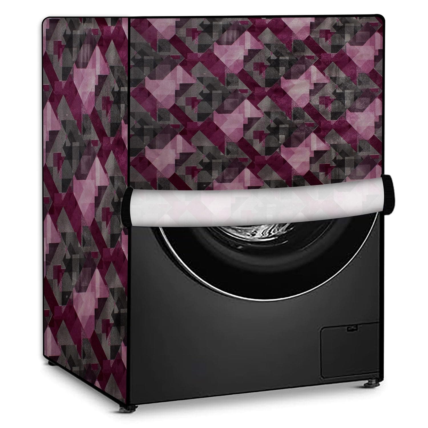 Stylista Waterproof and Dustproof PVC Washing Machine Cover Compatible for Samsung 12 Kg Fully-Automatic Front Loading WW12DG6B24ASTL, Chekered Pattern Maroon