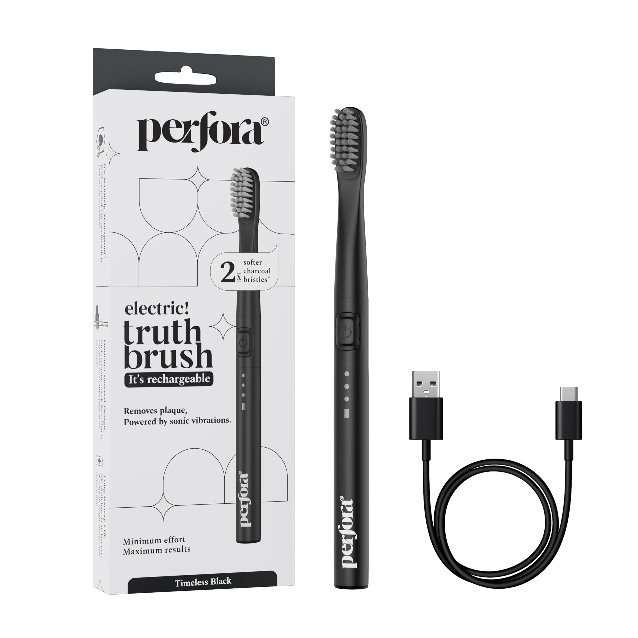 Perfora Rechargeable Electric Toothbrush For Men, Women & Kids With 3 Modes, 1 Year Warranty | With Activated Charcoal Bristles | Limitless Black