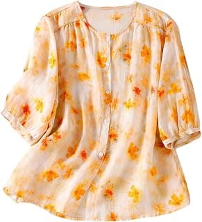 Gufrina Women’s Button Down Shirt with Three Quarter Sleeves and Lightweight Fabric Featuring Orange Floral Print in Relaxed Fit (TOP-128)