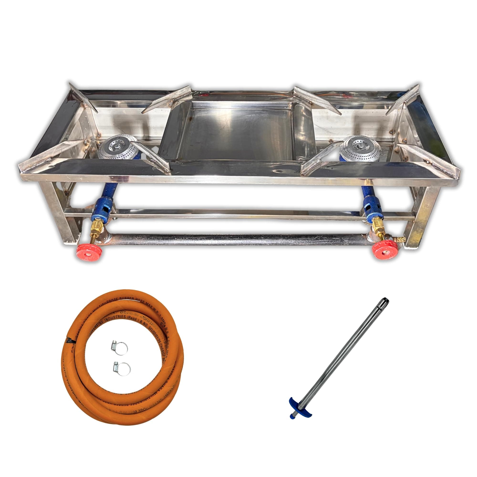 Amaru Two Burner Stainless Steel Square Chulha Canteen Bhatti Commercial Gas Stove - Silver, Manual (Size-L30XB10XH10)