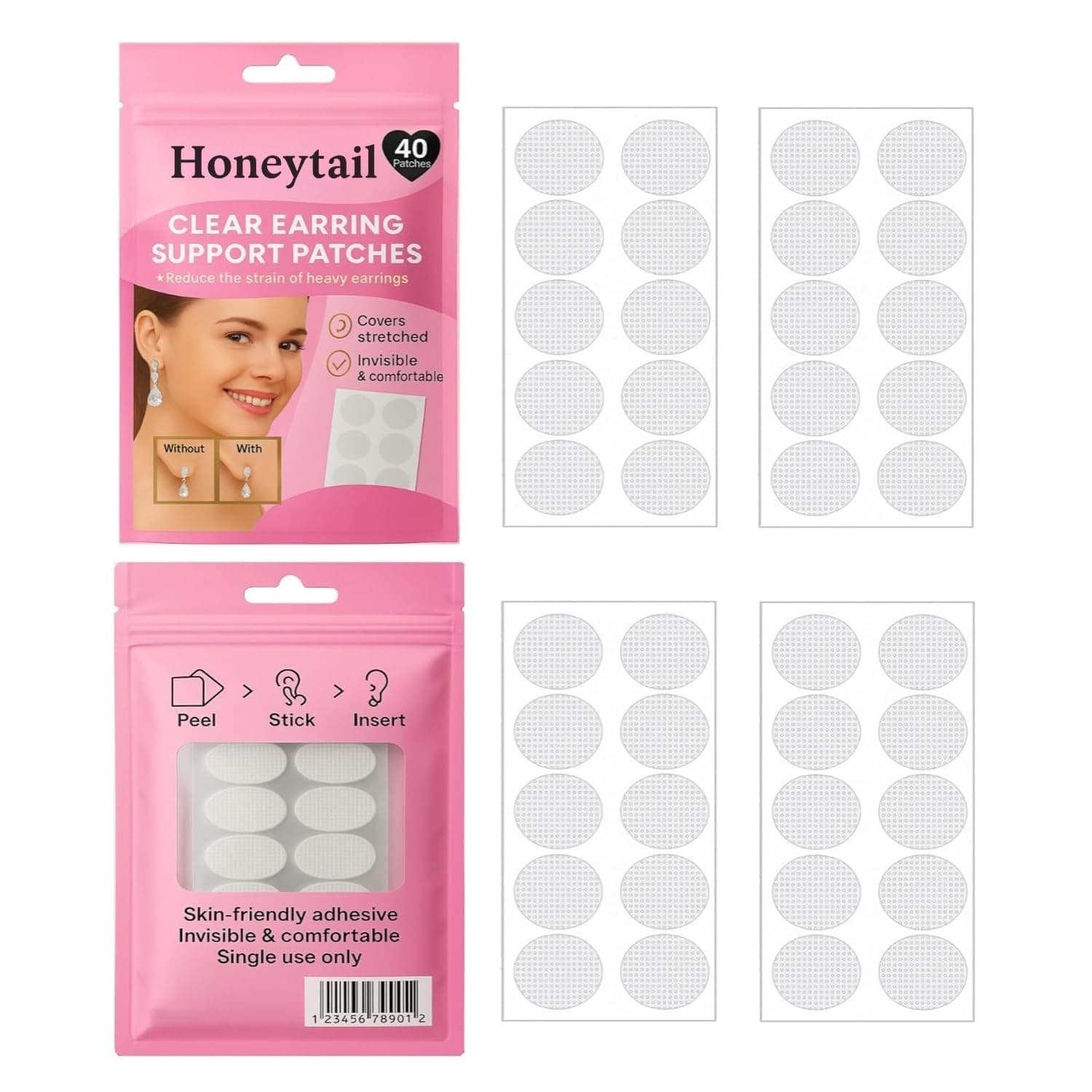 HONEYTAIL 40 Earlobe Support Patches | Invisible Ear Stickers for Heavy Earrings, Jhumkas & Big Ear Holes – Secure Lift Tape for Earlobe Protection & Support, Discreet & Comfortable Wear