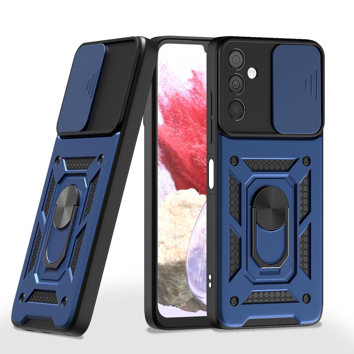Amazon Basics Back Cover for Samsung Galaxy M34 5G / F34 5G|360 Protection Case|Sliding Camera Sheild Cover & Ring Holder Stand Back Cover|D10 Tough Armor Bumper Case (Blue)