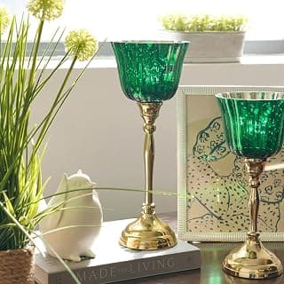 PURE HOME + LIVING Green and Gold Votive Candle Holder with Metal Stand | Tealight Candle Holder Stand | Festive Decor for Diwali, Christmas, Pooja & Dinner Table - Small