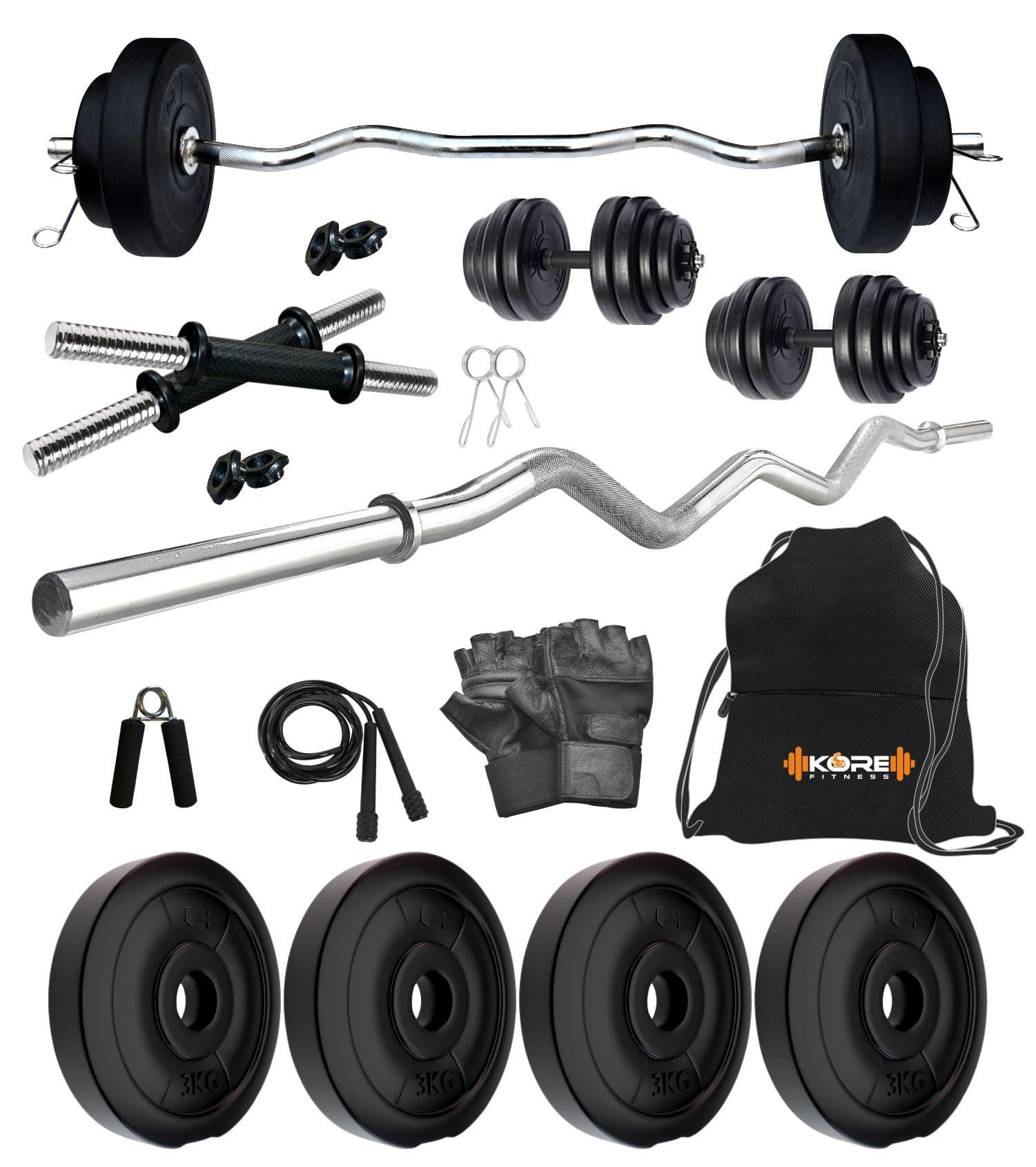 Kore PVC 12 Kg Home Gym Set with One 3 Ft Curl and One Pair Dumbbell Rods with Gym Accessories, Black