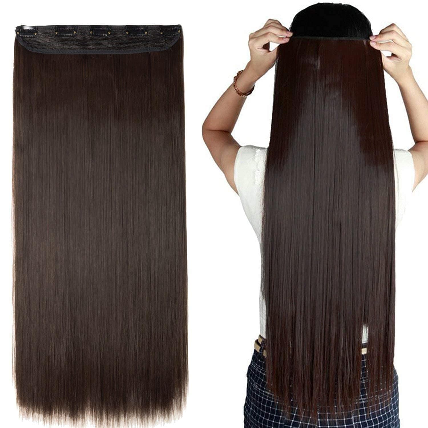 RichCurls Straight Hair Extension for Women, Dark Brown Brownish Clip-In Hair Extension, 5 Secure Clips, Heat Resistant Synthetic Fiber, Adds Natural Length and Volume, 24 Inch