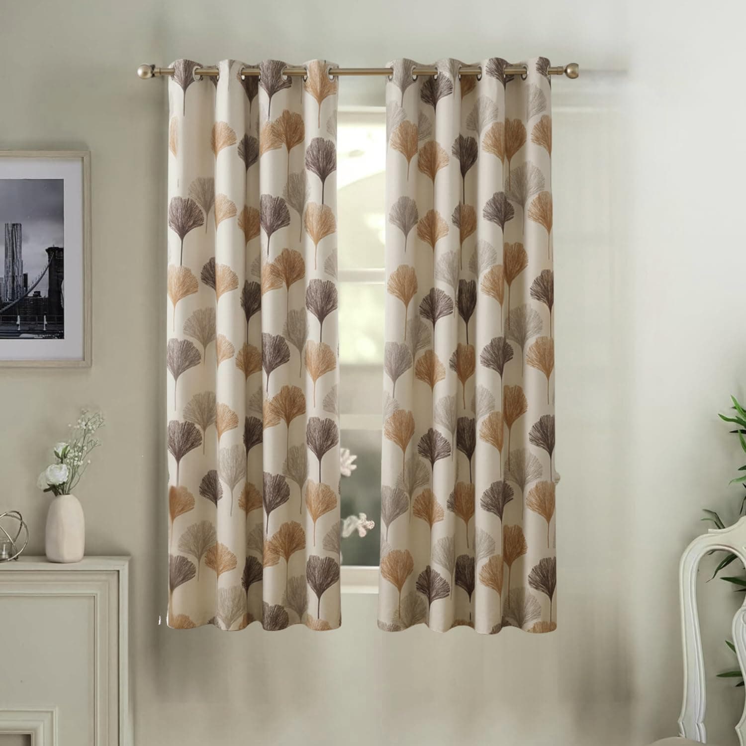 HUTI 5 Feet Brown Window Curtain Set of 2 | Semi-Transparent Ginkgo Tree Printed Curtain | Soft Polyester Eyelet Curtains for Living Room & Bedroom 4x5 ft (120 x 150 cm) | Best for Home Decor