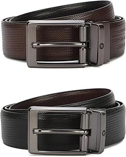 Louis Philippe Men's 100% Italian Leather Matt Gun Metal Buckle Formal Reversible Belt