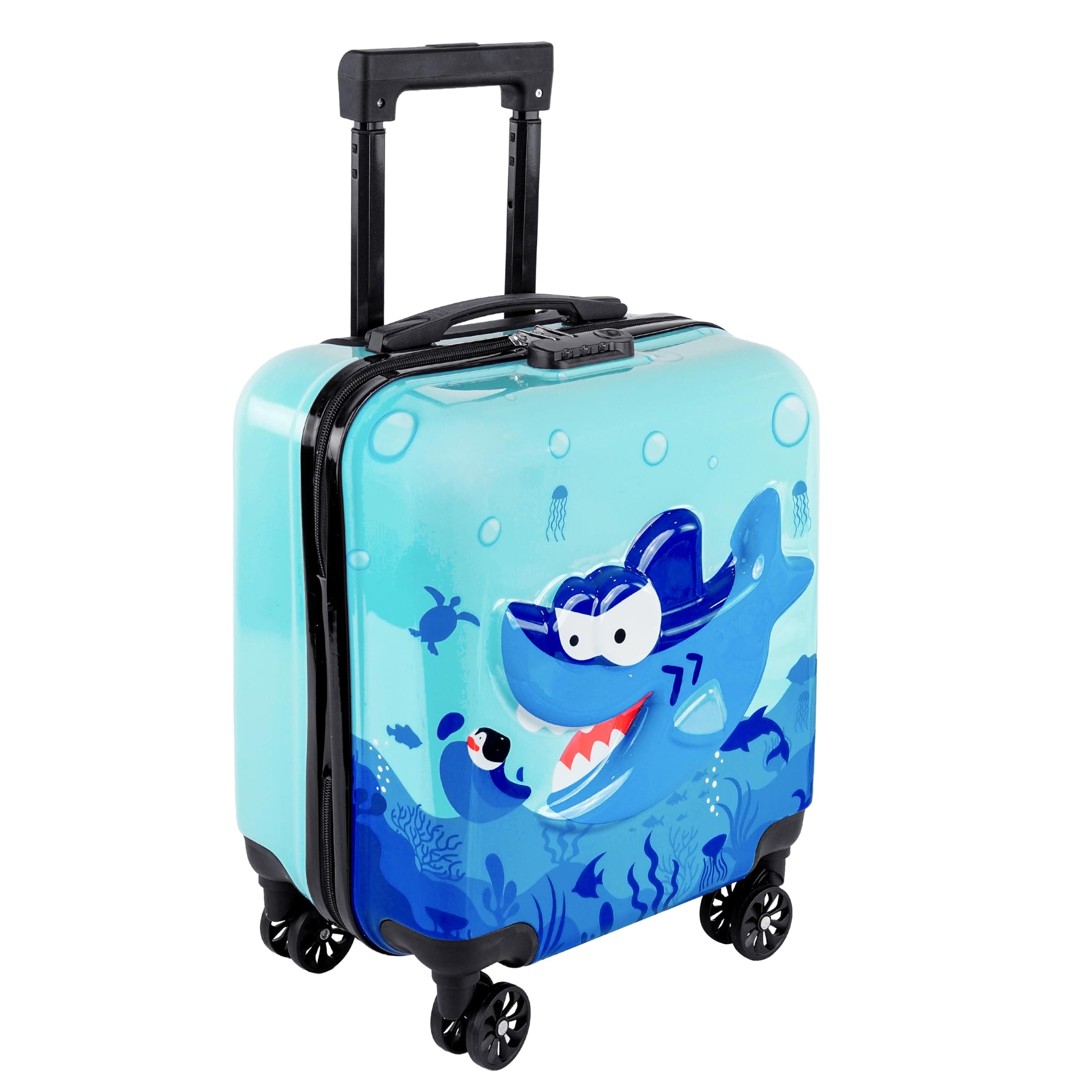Storite 18In Kids Luggage Trolley Hard Shell Cabin Suitcase | Cute Cartoon Shark Design Suitcase Ideal For School Trips Vacations Holidays And Weekend Travel (Blue - 35 x 23 x 38 Cm)