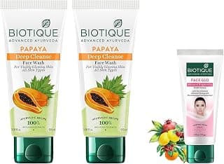 Biotique Face Glo Adveance Brightening Fruit Cream, 50g & Papaya Deep Cleanse Face Wash For Visibly Glowing Skin All Skin Types, 2x100ml