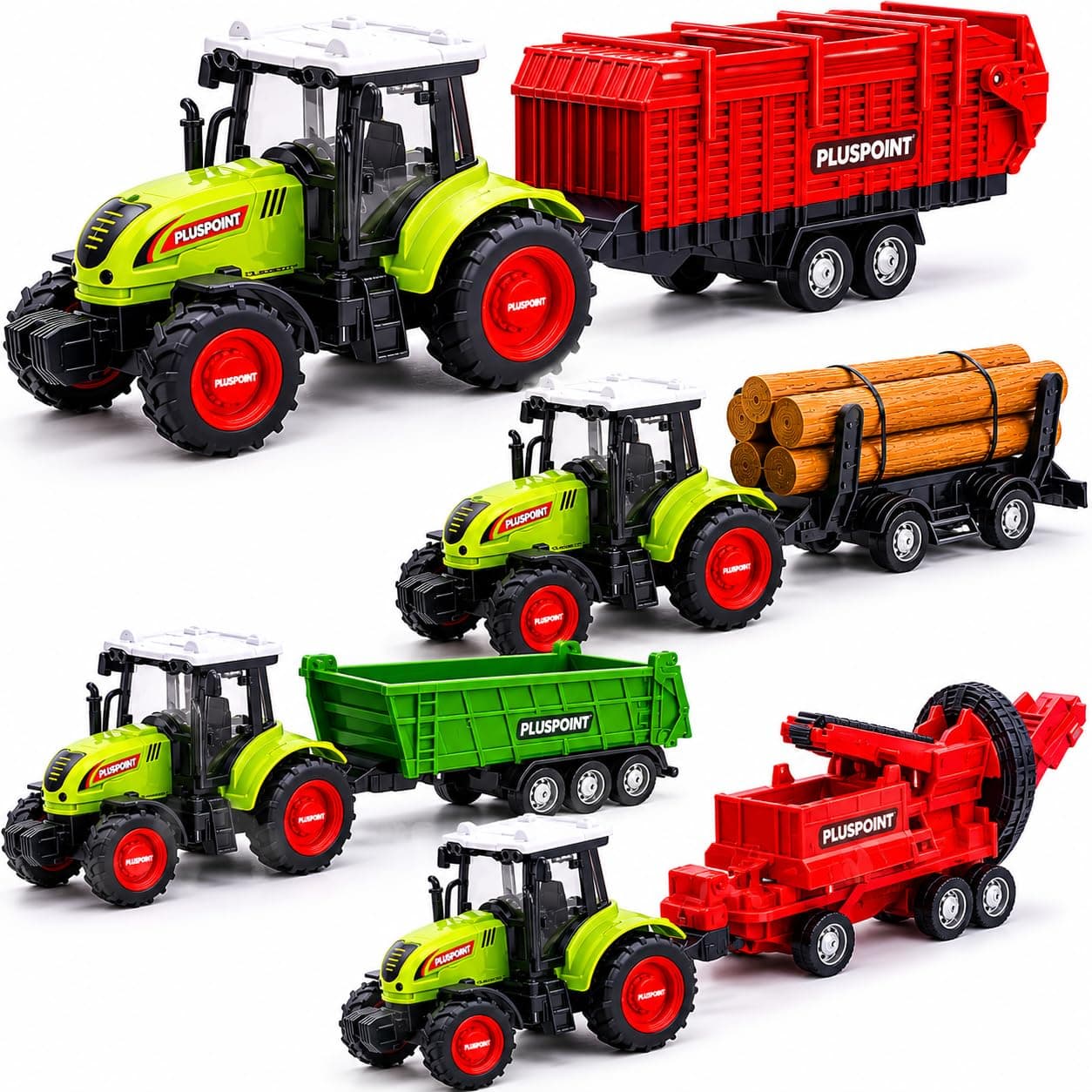 PLUSPOINT Farm Tractor Toy Set of 4 – Friction Powered Agriculture Vehicles with Trolley, Inertia Farm Truck Toys for Kids Pretend Play Ages 3+ Years