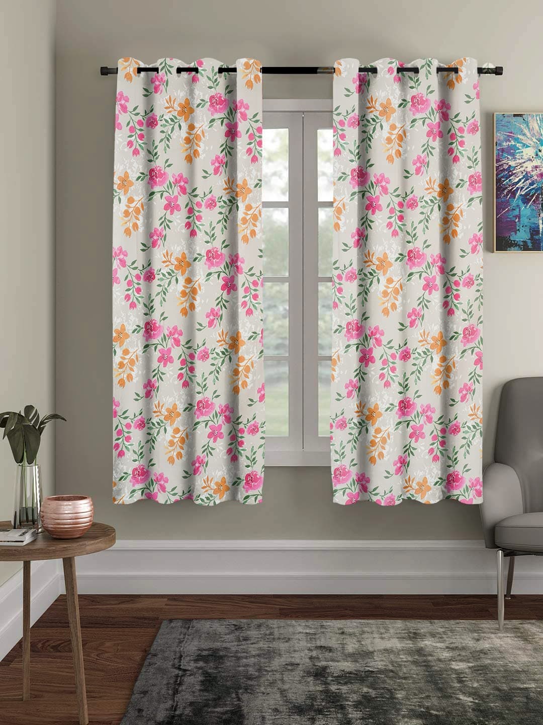 Amazon Brand - Umi opaque Super Soft Brushed Microfiber Cotton Window Curtains,48X60(Inches) 5 Feet,Living Room,Grommet Curtain Panel,Pack of 2 Panel Window Curtains|Pink Flower